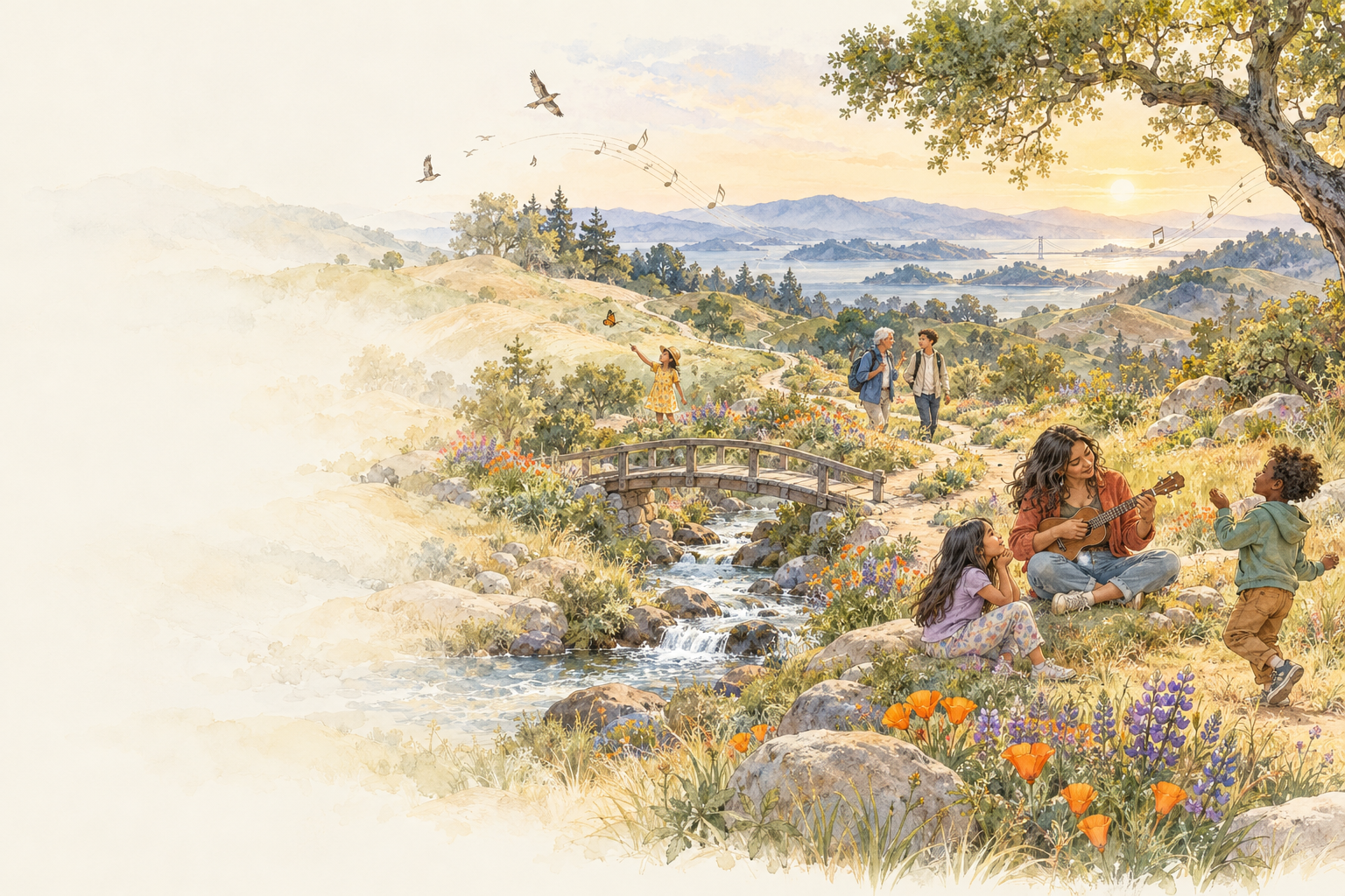 Music and connection across generations: children and an adult sharing a song beside a stream, with a footbridge and winding paths through sunlit hills.
